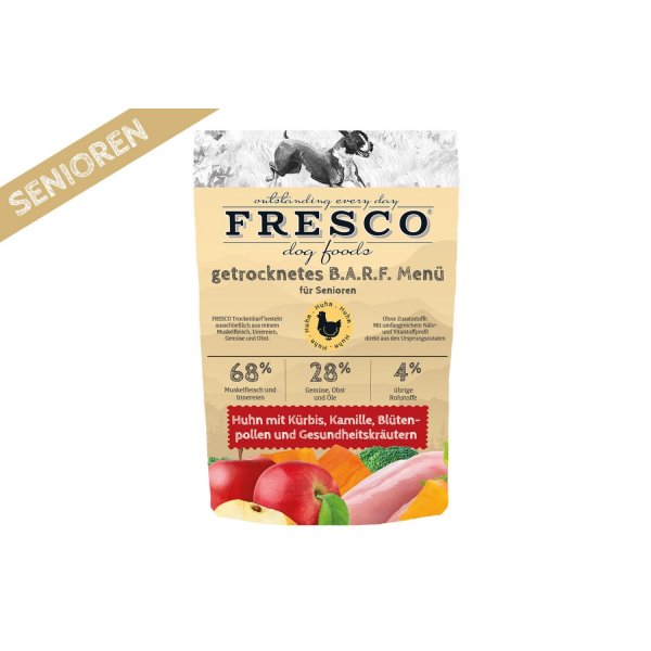 FRESCO Trockenbarf Huhn Senioren-Menü mit Kürbis, Kamille, Blütenpollen ...