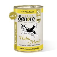 Sanoro Huhn Menü mit Kartoffeln, Karotten, Äpfeln und Hüttenkäse